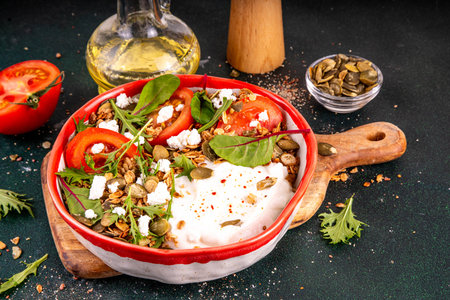 Savoury granola and yogurt breakfast bowl, balanced morning snack with greek yoghurt, tasty salted cheese granola, pumpkin seeds, nuts feta or tofu cheese, fresh vegetables and arugulaの写真素材