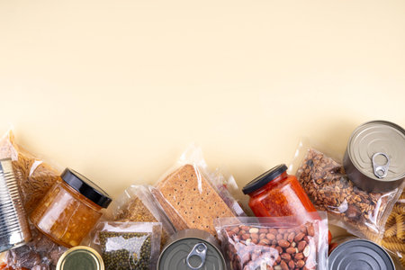 Emergency food kit. Non-perishable instant food, homemade Survival food set with in case of natural disasters, war, power outages, hazards, including canned goods, cereals, pasta, legumes, nuts, seedsの写真素材