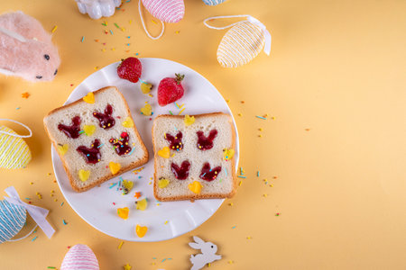 Simple Easter breakfast idea, finger press bunny rabbits jam sandwiches. Viral toasts made with...