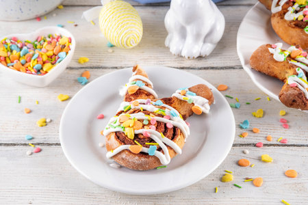 Cute and tasty Easter bunny cinnamon roll buns. Sweet bunny shaped buns, glazed and topped with...