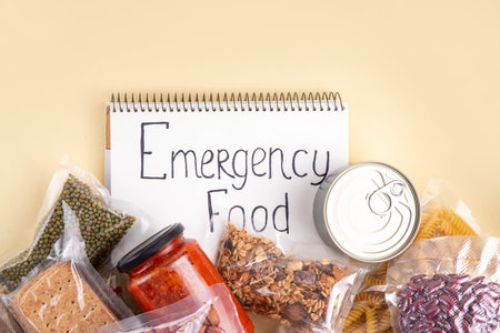 Emergency food kit. Non-perishable instant food, homemade Survival food set with in case of natural disasters, war, power outages, hazards, including canned goods, cereals, pasta, legumes, nuts, seedsの写真素材