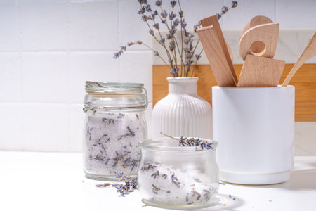 Aromatic lavender salt for cooking. Sea salt mix with dried lavender flowers, trendy seasoning...