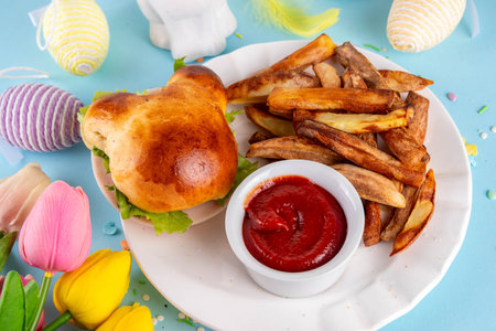 Delicious rabbit bunny shaped sandwich burgers for Easter holiday pastry, breakfast or lunch, Tasty...