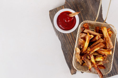 Potato chips healthy alternative, airfryer made french fries in portioned basket, with ketchup sauce...