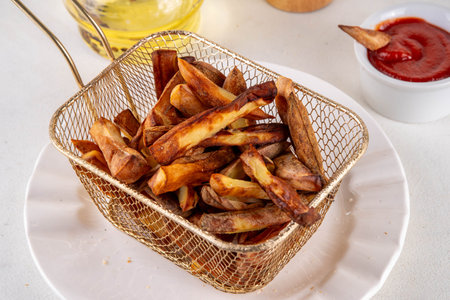 Potato chips healthy alternative, airfryer made french fries in portioned basket, with ketchup sauce...