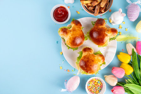 Delicious rabbit bunny shaped sandwich burgers for Easter holiday pastry, breakfast or lunch, Tasty...