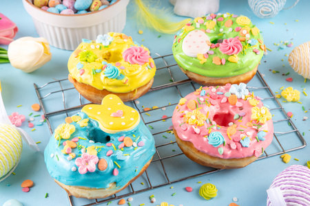Glazed Easter Donuts, with pastel topping decorated with bunnies and eggs with colorful sugar...