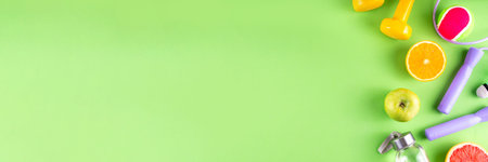 Fitness and healthy food lifestyle concept. Dumbbells, healthy full of vitamins fruits -apple, grapefruit, orange, with water bottle, jump rope on colorful bright background, top view copy spaceの写真素材