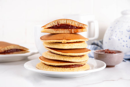 Dorayaki, classic Japanese pastry, golden honey pancake sandwich filled with sweet red bean paste or...