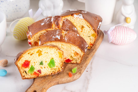 Traditional East European Fruitcake for Easter, loaded sweet sponge cake with dried fruits and nuts,...