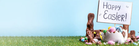 Easter egg hunting background with chocolate eggs. Various candy and chocolate Easter eggs, bunny...