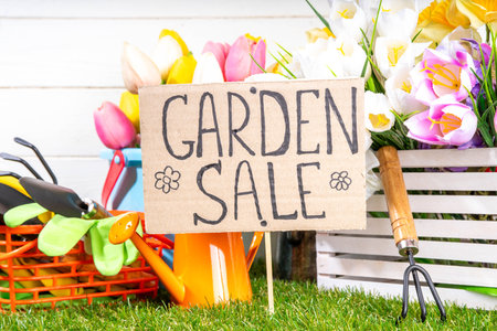 Spring Garden sale background containing Garden sale sign, various spring flowers and plants seedlings, garden equipment and tools, in green grass and white wooden background copy space