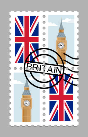United Kingdom flag and big ben on postage stampsのイラスト素材