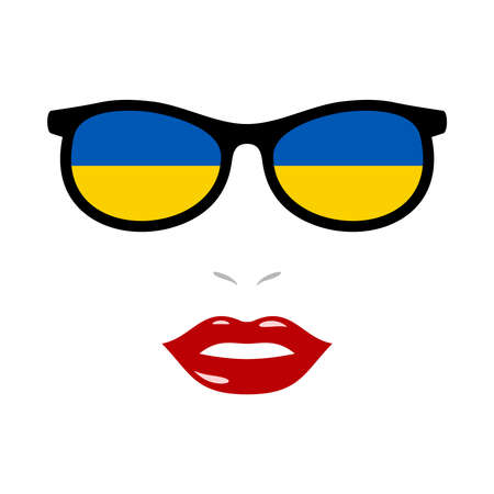 Woman lips and eyeglasses with ukraine flagのイラスト素材
