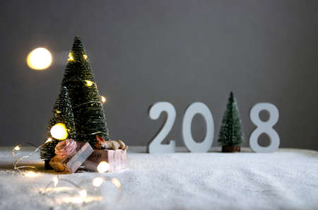on a snow-covered field under the fir-trees, the dog is sleeping on gifts and in the distance are the figures 2018 where in the role of a Christmas tree with lightsの写真素材
