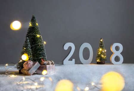 on a snow-covered field under the fir-trees, the dog is sleeping on gifts and in the distance are the figures 2018 where in the role of a Christmas tree with lightsの写真素材