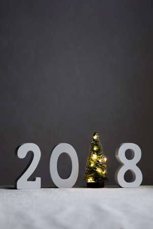 on the snow-covered field there are numbers 2018 instead of one-piece fir-tree lights  glowの写真素材