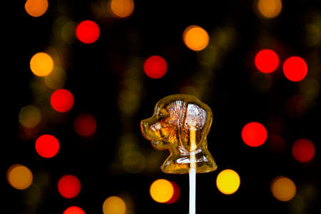 lollipop caramel in the form of a dog on a background of yellow and red bokeh lights on a black backgroundの写真素材
