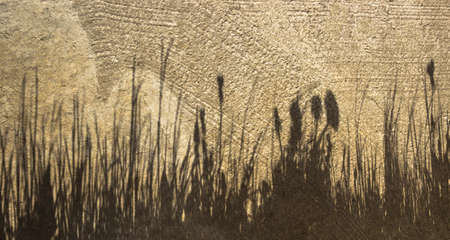 on a plastered light yellow wall a shadow from grass and flowersの写真素材