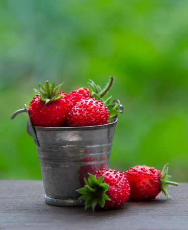 on a green background there is a bucket with berries of strawberry red color inscription placeの写真素材