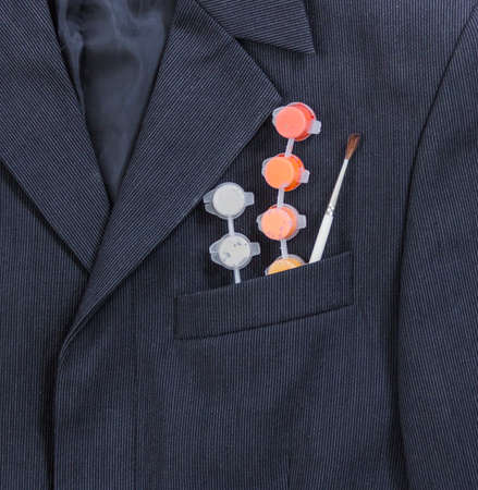 men's dark jacket in small stripes collar pocket sleeve in the pocket brush and paint red orange yellowの写真素材