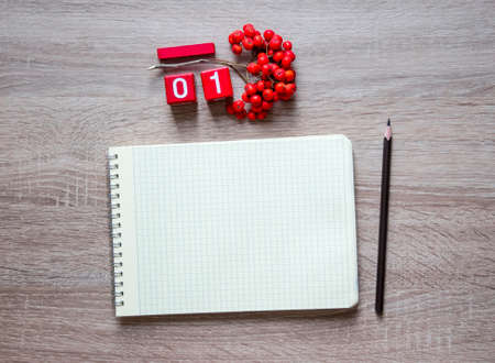 A blank sheet of a notebook on a spring pencil and a desk calendar cubesの写真素材