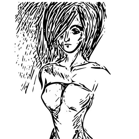 fashion model with voluminous hair and sad face. vector drawing with black lines on white isolated background.のイラスト素材