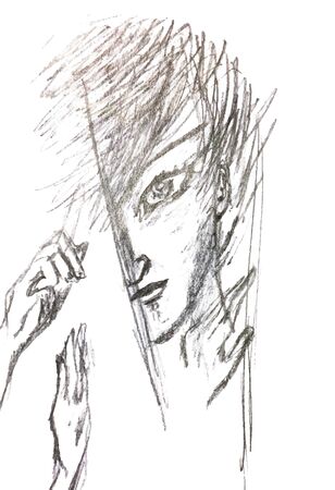 drawn in vector abstract black and white face looking into the gap. Anime.のイラスト素材