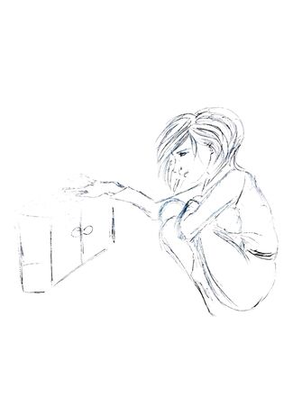 Painted girl housewife for household chores. The image on a white background. The picture is drawn with a pencil.のイラスト素材