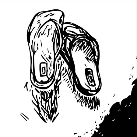 two Slippers lie on the beach next to the tide. vector drawing with black lines on white isolated background.のイラスト素材