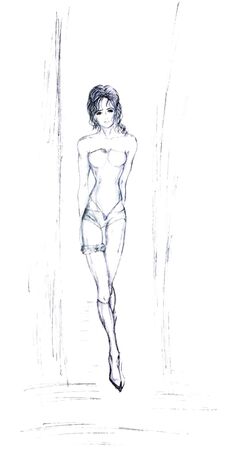 painted fashion model in boudoir lingerie in full length. the picture is drawn with a pencil.のイラスト素材