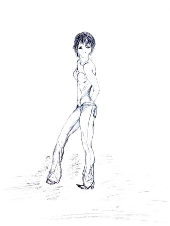 painted fashion model in pants with a short haircut in full growth. the picture is drawn with a pencil.のイラスト素材
