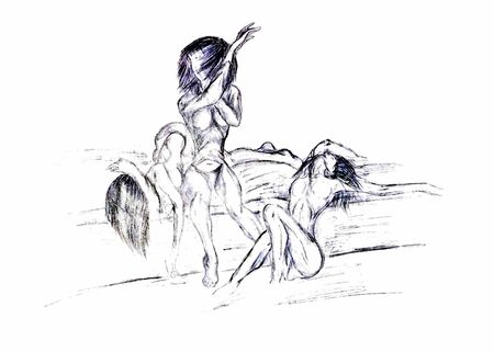 three painted girl models on the bed posing in underwear almost naked. the picture is drawn with a pencil.のイラスト素材