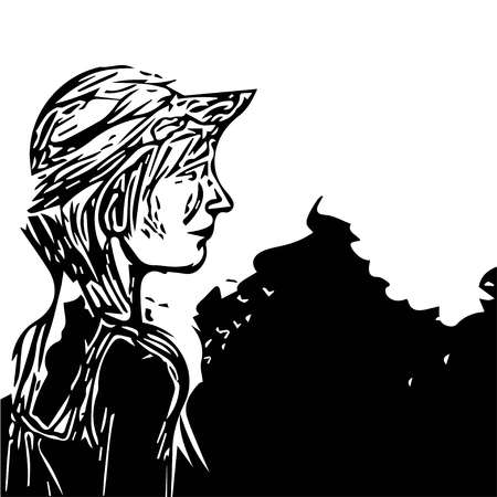 traveling person admires the natural scenery and the surrounding landscapes. vector drawing with black lines on white isolated background.のイラスト素材