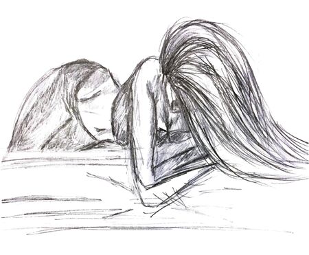 fashion model lying on the bed with her long hair. the picture is drawn with a pencil.のイラスト素材
