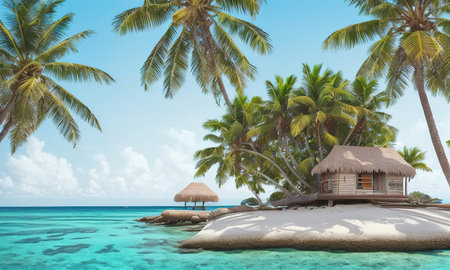 Beautiful tropical beach with hut, small house, white sand, palm trees, turquoise ocean against blue sky with clouds on sunny summer day. Concept - relaxing, vacation, island.の素材