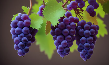 Close up of grapes hanging on branch. Hanging grapes. Grape farming. Grape farm. Tasty green grape bunches hanging on branch. grapes. With Selective Focus on the subject.の素材