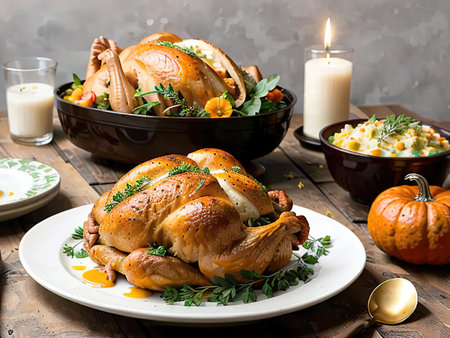 Happy Thanksgiving, harvest festival, feast. roast turkey or chicken are on table. Festive serving with traditional dishes. Traditional food concept for autumn holidays. AI generatedの素材