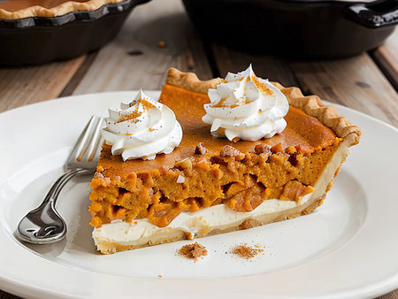 Autumn. Fresh sweet Homemade Traditional Festive American Pumpkin Pie for Thanksgiving, Harvest Feast Ready to eat. Dessert. concept - symbol of holiday, tradition, delicious food, home comfortの素材