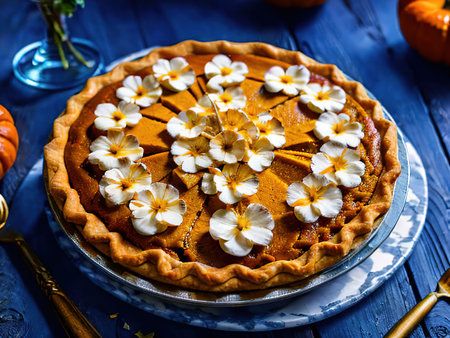 Autumn. Fresh sweet Homemade Traditional Festive American Pumpkin Pie for Thanksgiving, Harvest Feast Ready to eat. Dessert. concept - symbol of holiday, tradition, delicious food, home comfortの素材