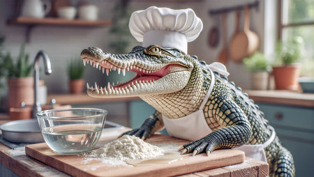 Crocodile chef in the kitchen with a bowl of flourの素材