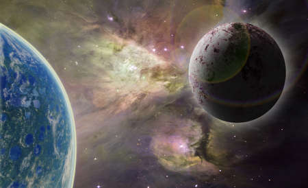 Two large planets surrounded by gaseous clouds and bright lights in deep space