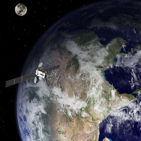 satellite orbiting earth with the moon in the background in the night skyの写真素材