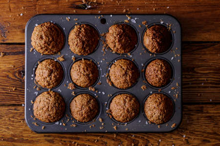 tasty bran muffins in a try straight out of the oven and ready to eatの写真素材