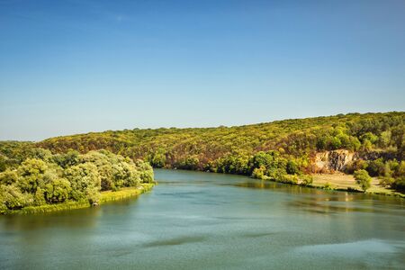 Beautiful summer landscape with river Southern Bug and blue sky in Vinnitsa, Ukraine. Calm summer...