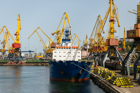 Odessa,Ukraine - June 17,2016.Odessa Port,The ship enters the bay. Tanker in the port.ship in sea port,loading of the vessel at the port, the ship berthのeditorial素材