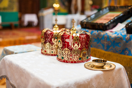 Wedding crowns in church ready to wedding ceremony,wedding ceremony, glansの写真素材