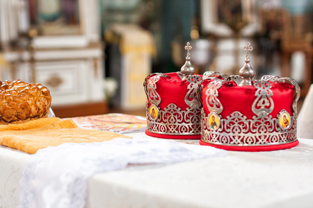 Wedding crowns in church ready to wedding ceremony,wedding ceremony, glansの写真素材
