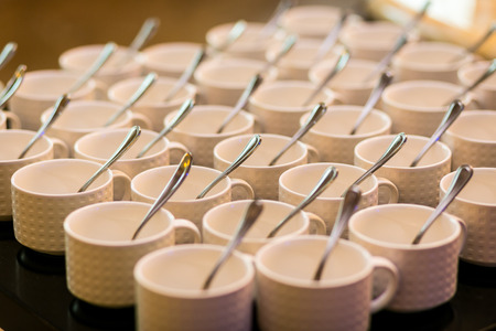 tea sets, collection white coffee cups, buffet, cateringの写真素材