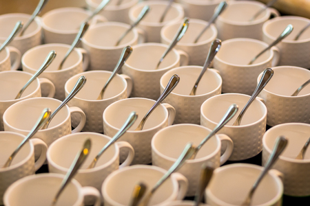tea sets, collection white coffee cups, buffet, cateringの写真素材